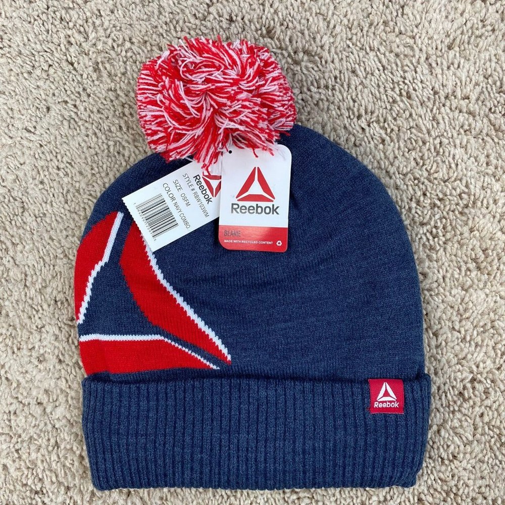 Reebok Pom Pom Beanie Women's Logo Intarsia Knit Cap‎ Blue, Red Trim OSFM NWT